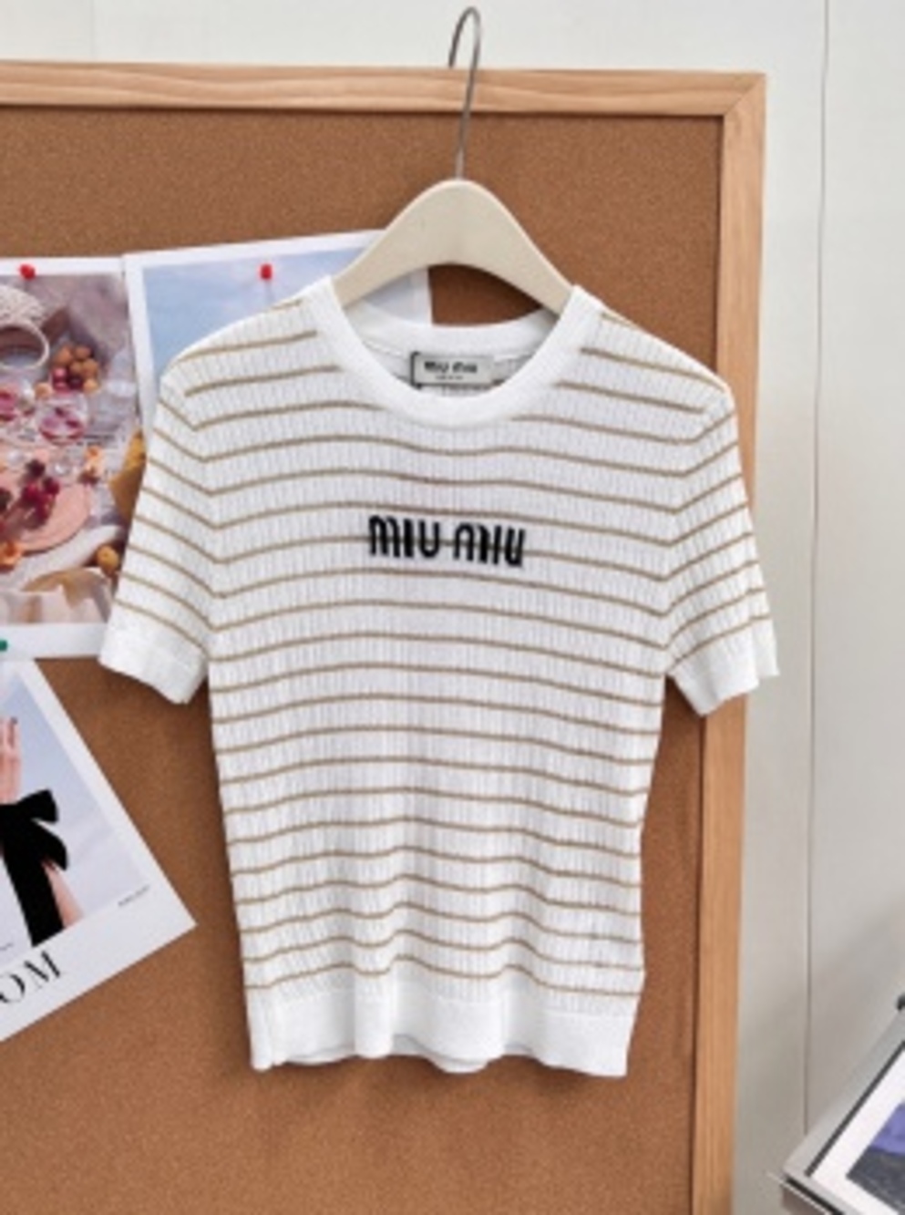 ⚜Miu Miu Crew Neck Cropped Knit Tee Gold Metallic Stripe